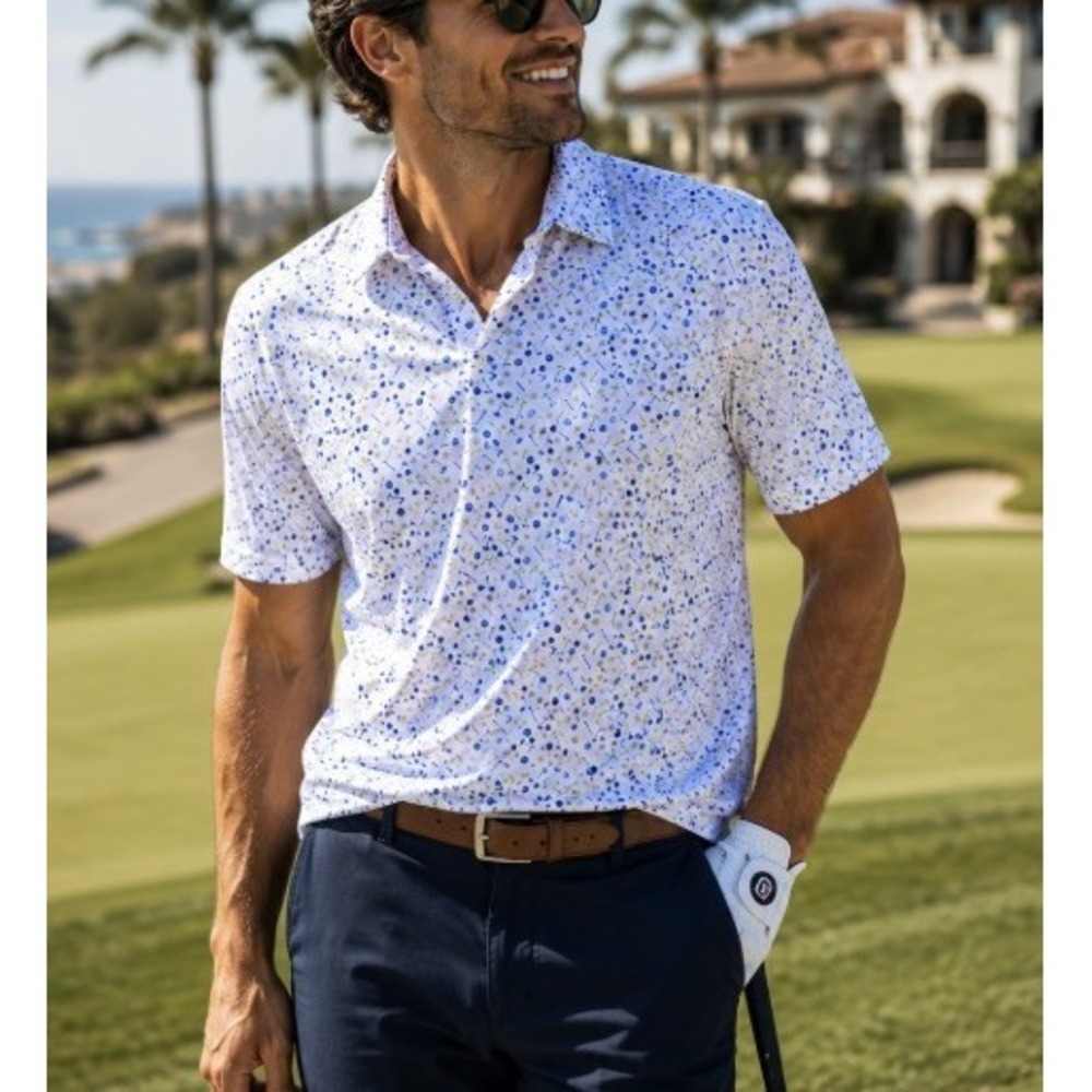Pro Tour Coolplay Mens XL Golf Polo Shirt White Blue Golf Ball Tee Flag Print